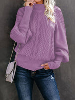 Ladies Mid Collar Loose Long Sleeve Twist Sweater Purple