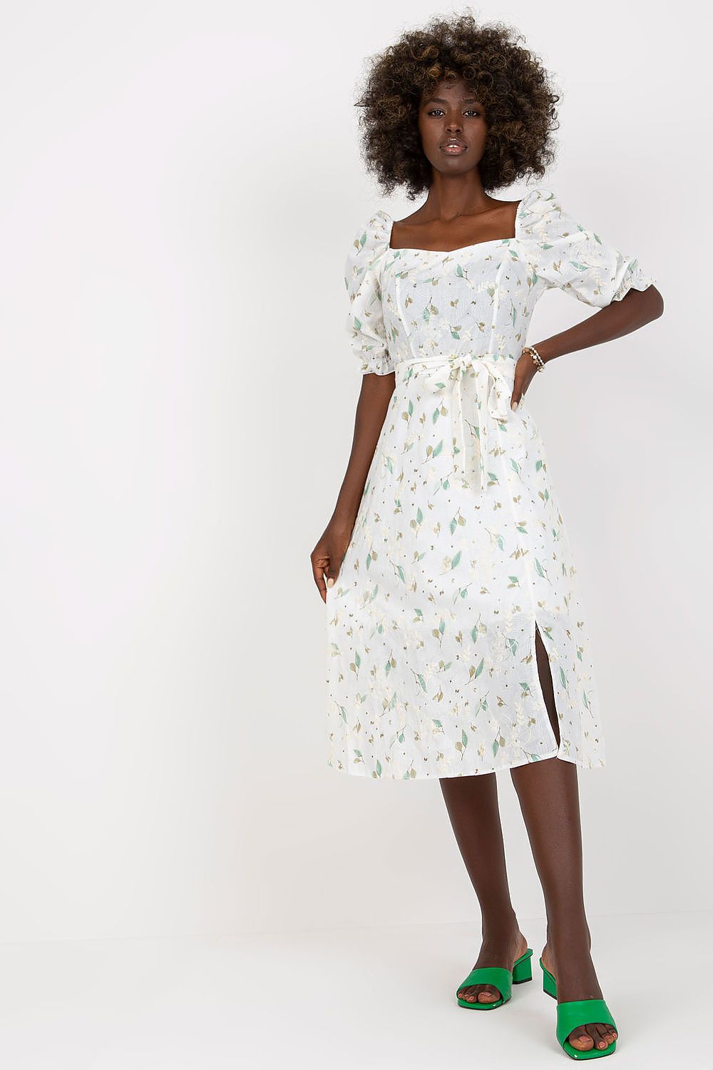 Lakerta Floral Midi Daydress with Ruffled Sleeves and Tie Belt green