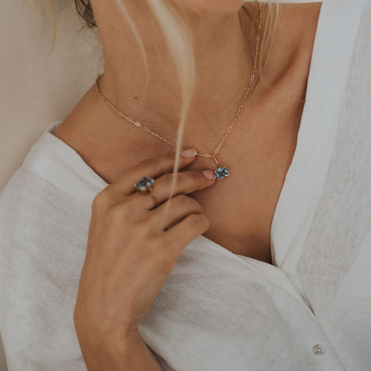 Dainty London Large Gold Blue Topaz Necklace - Astrid