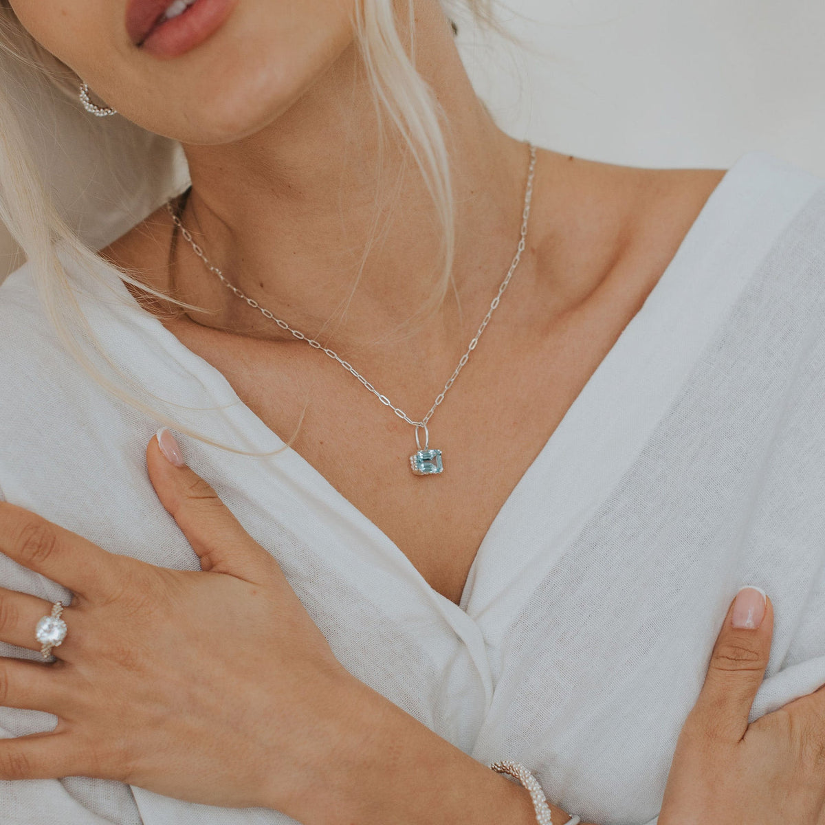 Dainty London Large Silver Blue Topaz Necklace - Astrid