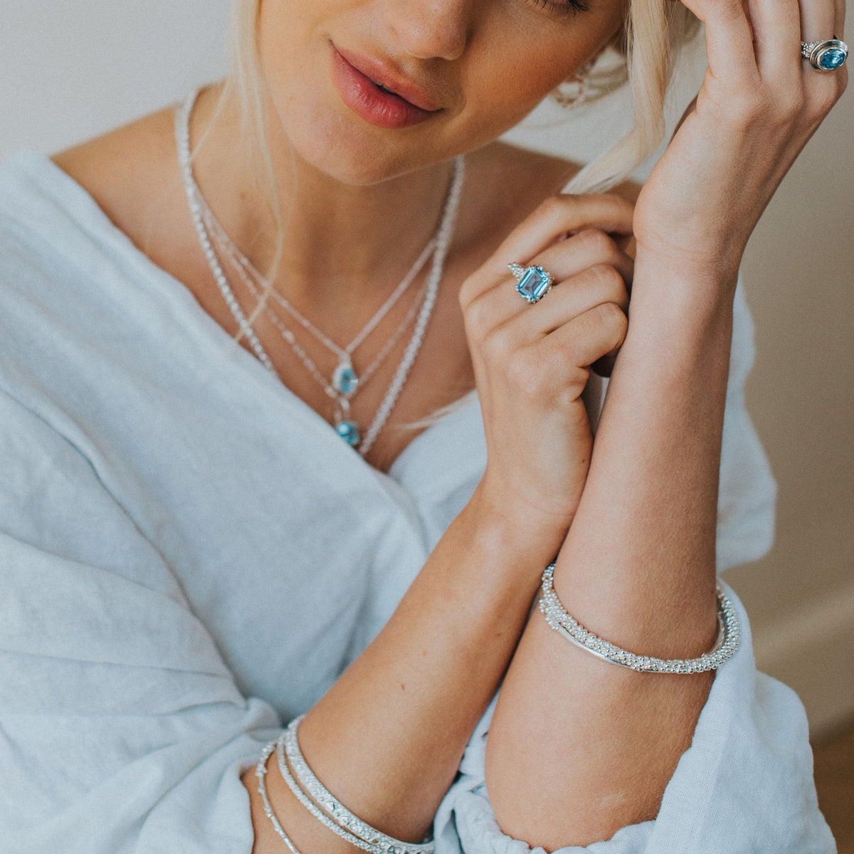 Dainty London Large Silver Blue Topaz Necklace - Astrid