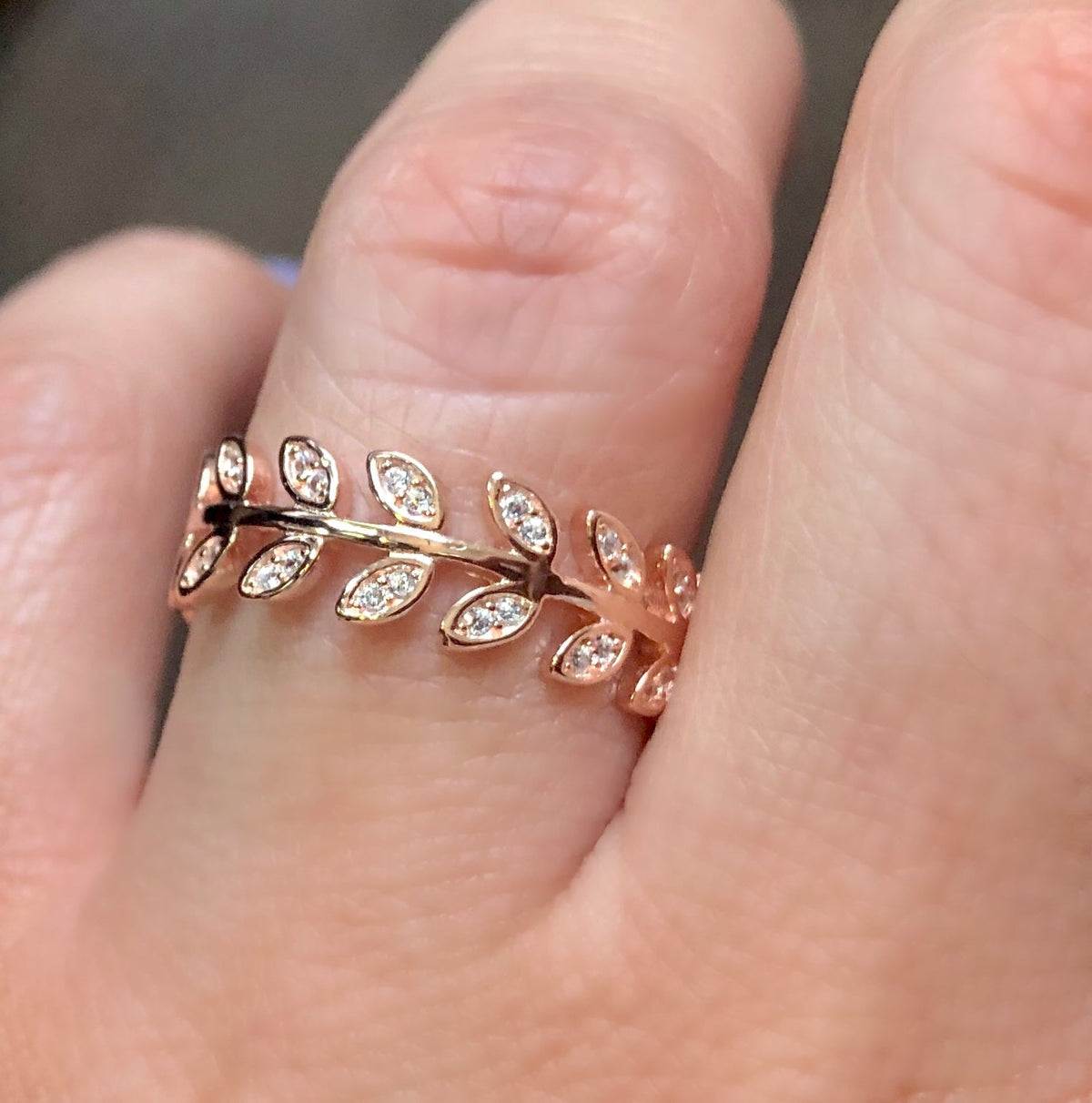 Leaves with zircon stones- Ring L Rose Gold Plated Silver