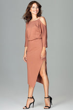 Lenitif Asymmetrical Kimono-Sleeve Dress with Thigh-High Slit brown