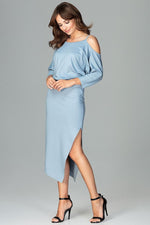 Lenitif Asymmetrical Kimono-Sleeve Dress with Thigh-High Slit blue