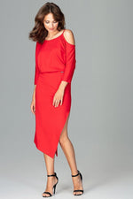 Lenitif Asymmetrical Kimono-Sleeve Dress with Thigh-High Slit red