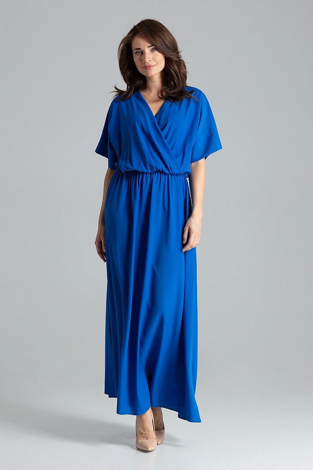 Lenitif Long Kimono-Sleeve Dress with Envelope Neckline blue