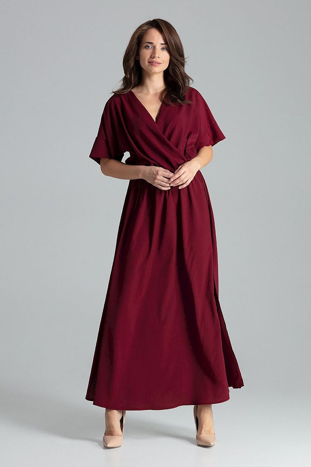 Lenitif Long Kimono-Sleeve Dress with Envelope Neckline