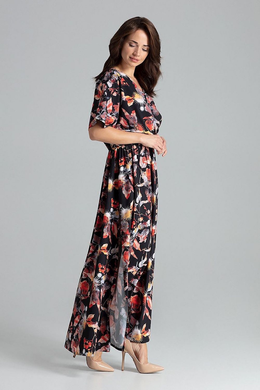 Lenitif Long Kimono-Sleeve Dress with Envelope Neckline