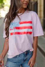 Light Pink Flag Bow Graphic Crewneck T-Shirt