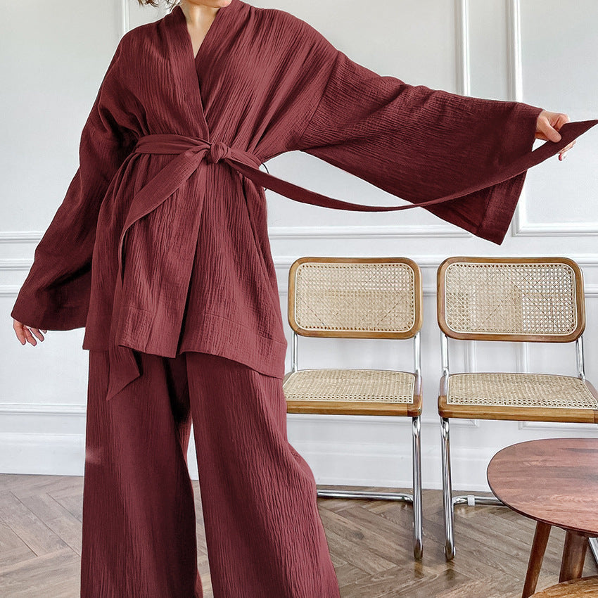 Long Kimono Blazer Tied Top Wide Leg Trouser Top Co-ord Set Brick Red