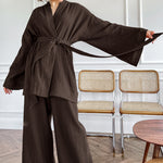 Long Kimono Blazer Tied Top Wide Leg Trouser Top Co-ord Set Brown