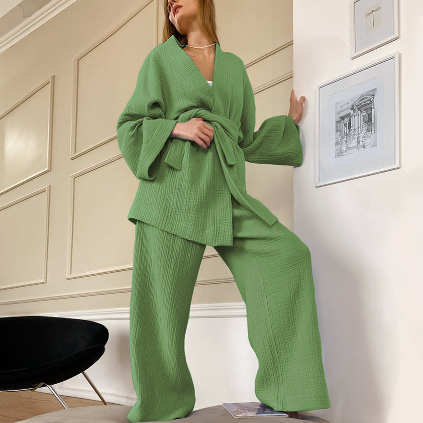 Long Kimono Blazer Tied Top Wide Leg Trouser Top Co-ord Set Grass Green
