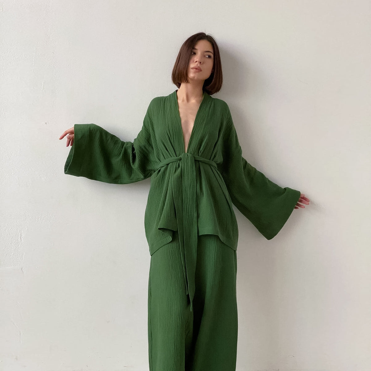 Long Kimono Blazer Tied Top Wide Leg Trouser Top Co-ord Set Green