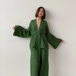 Long Kimono Blazer Tied Top Wide Leg Trouser Top Co-ord Set Green