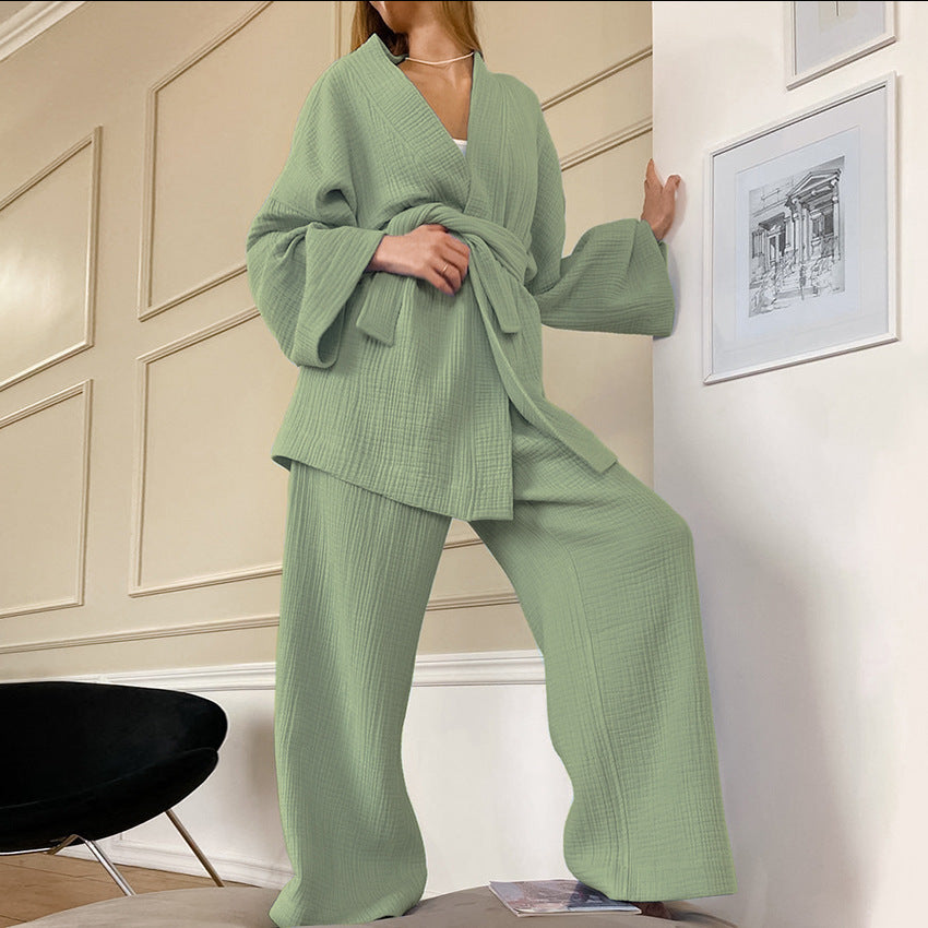 Long Kimono Blazer Tied Top Wide Leg Trouser Top Co-ord Set Light Green