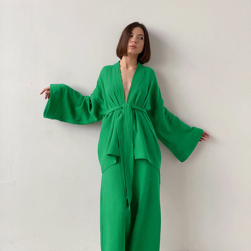 Long Kimono Blazer Tied Top Wide Leg Trouser Top Co-ord Set New Green