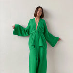 Long Kimono Blazer Tied Top Wide Leg Trouser Top Co-ord Set New Green