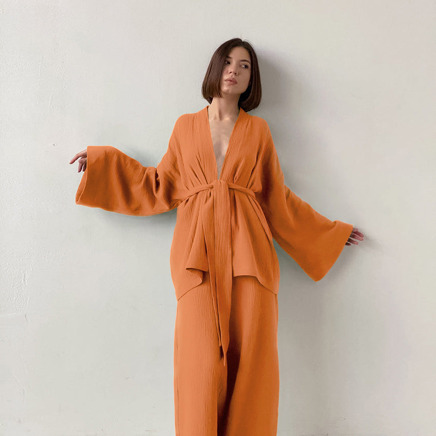 Long Kimono Blazer Tied Top Wide Leg Trouser Top Co-ord Set Orange