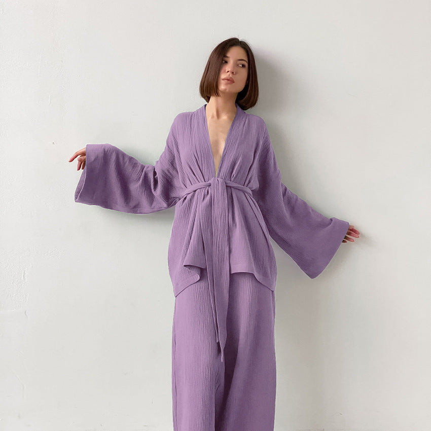Long Kimono Blazer Tied Top Wide Leg Trouser Top Co-ord Set Violet