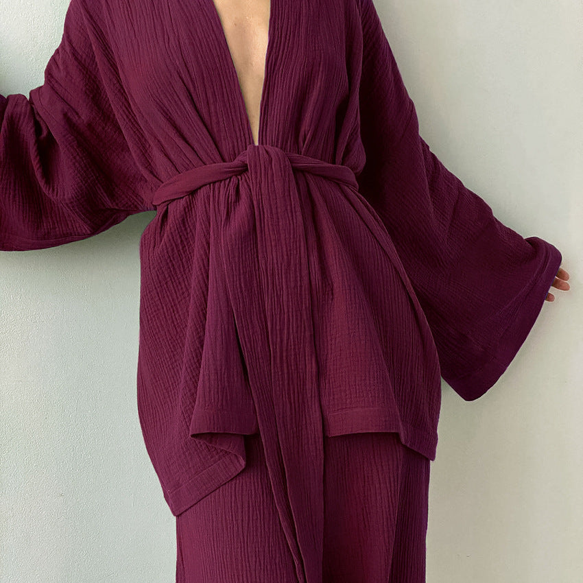 Long Kimono Blazer Tied Top Wide Leg Trouser Top Co-ord Set Wine Red