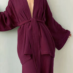 Long Kimono Blazer Tied Top Wide Leg Trouser Top Co-ord Set Wine Red