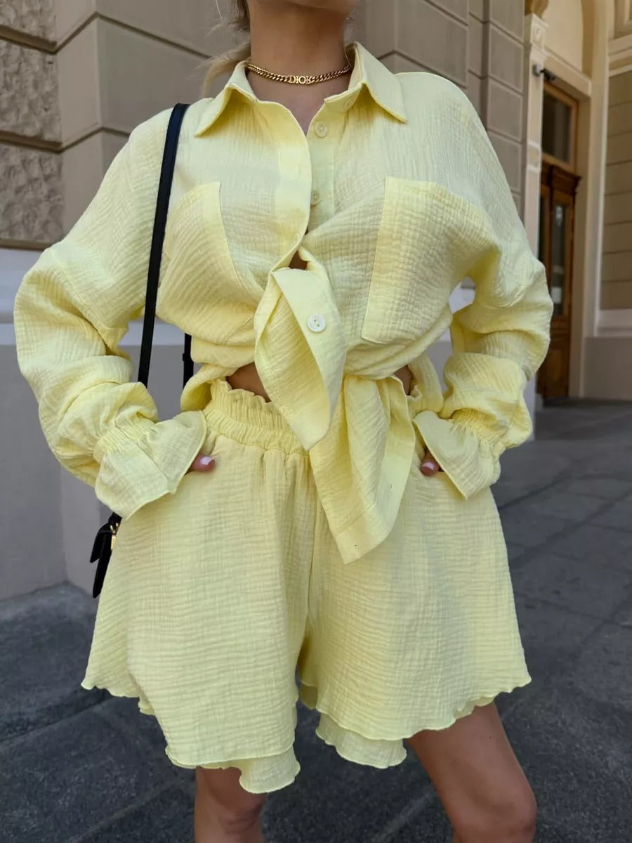 Long Sleeve Ruffled Shirt Double Layer Casual Shorts & Top Co-ord Set Yellow