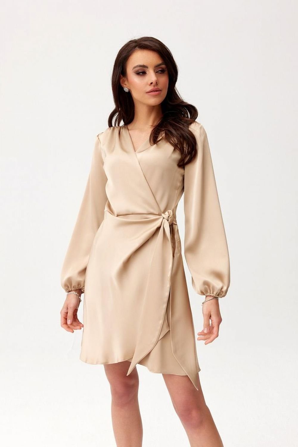 Long Sleeve Satin Short Dress | 12 Colours | Roco Fashion Beige
