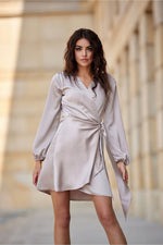 Long Sleeve Satin Short Dress | 12 Colours | Roco Fashion Beige Shade 2