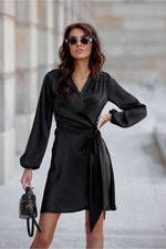 Long Sleeve Satin Short Dress | 12 Colours | Roco Fashion Black