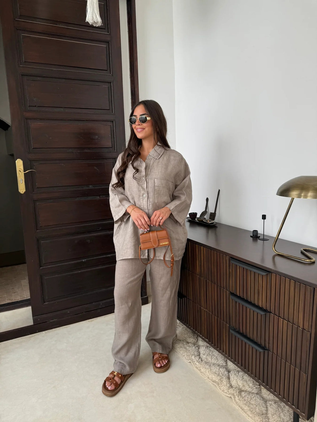 Loose Casual Wide Leg Pants & Long Sleeve Shirt Co-ord Set - Stylish Comfort Khaki