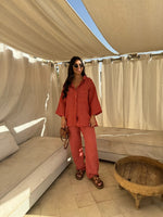 Loose Casual Wide Leg Pants & Long Sleeve Shirt Co-ord Set - Stylish Comfort Orange Red