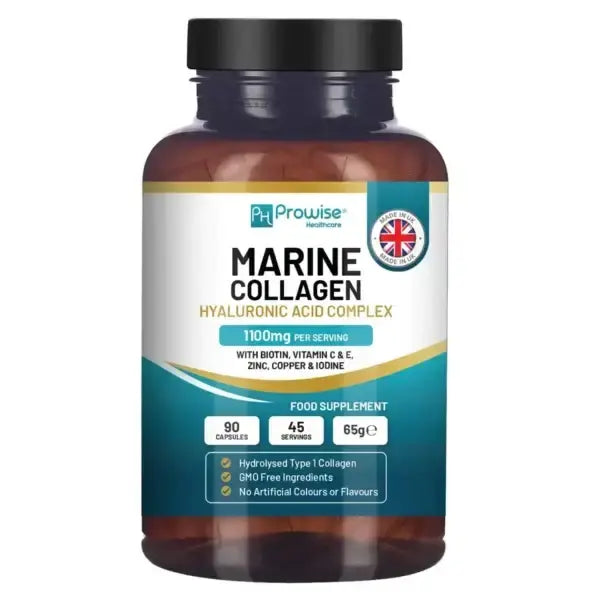 Marine Collagen with Hyaluronic Acid 1100mg | 90 Capsules Boosted with Hyaluronic Acid, Vitamins C, E, B2, Biotin, Copper, Zinc and Iodine | for Women and Men | Made in UK