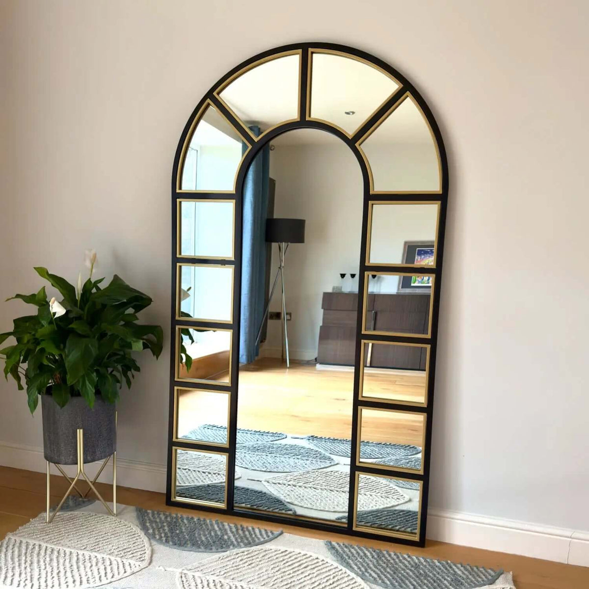 Mio - Full Length Black & Gold Metal Arched Window Mirror - 180cm x 105cm.