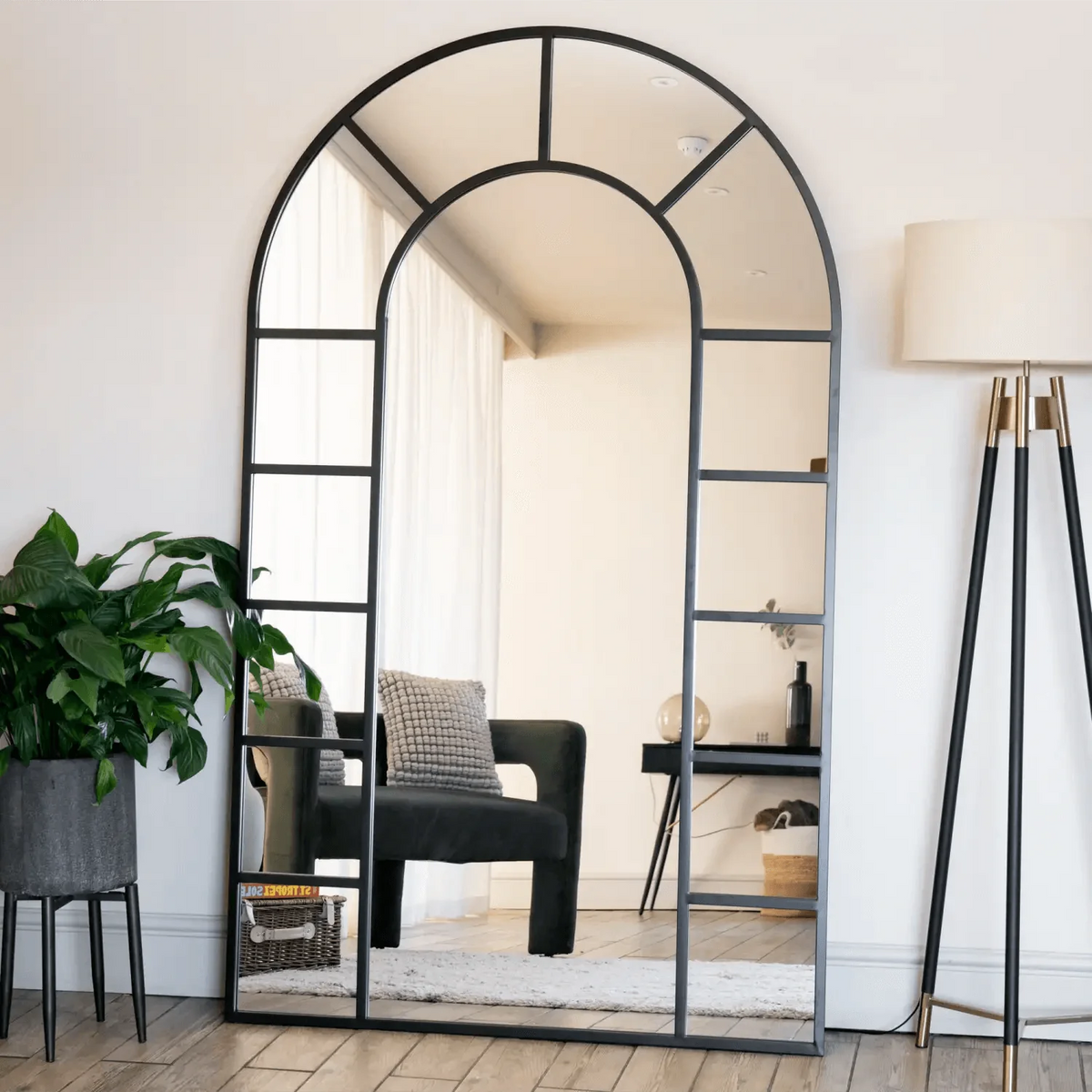Mio - Full Length Black Metal Arched Window Mirror - 180cm x 90cm.