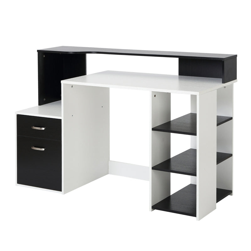 Modern Computer Desk with Drawers and Storage Shelves, Study Workstation, Writing Desk with Printer Stand for Home Office, Black and White