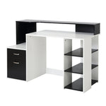 Modern Computer Desk with Drawers and Storage Shelves, Study Workstation, Writing Desk with Printer Stand for Home Office, Black and White