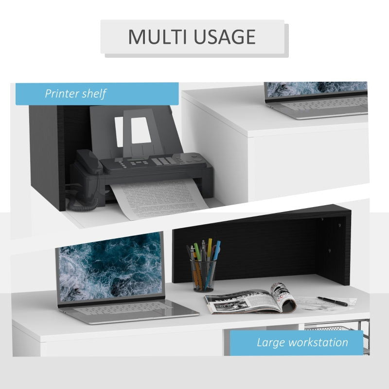 Modern Computer Desk with Drawers and Storage Shelves, Study Workstation, Writing Desk with Printer Stand for Home Office, Black and White