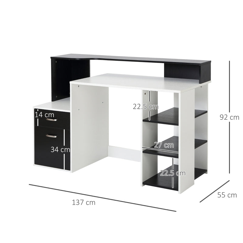 Modern Computer Desk with Drawers and Storage Shelves, Study Workstation, Writing Desk with Printer Stand for Home Office, Black and White