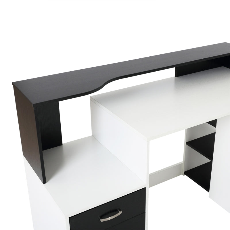 Modern Computer Desk with Drawers and Storage Shelves, Study Workstation, Writing Desk with Printer Stand for Home Office, Black and White