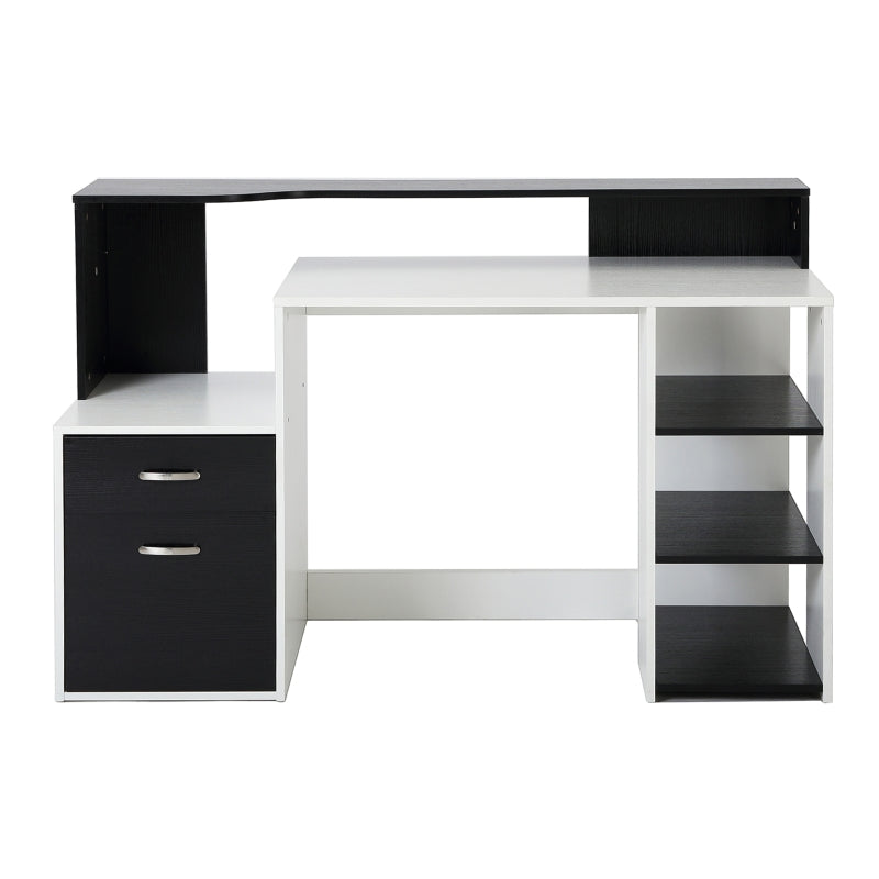 Modern Computer Desk with Drawers and Storage Shelves, Study Workstation, Writing Desk with Printer Stand for Home Office, Black and White