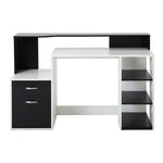 Modern Computer Desk with Drawers and Storage Shelves, Study Workstation, Writing Desk with Printer Stand for Home Office, Black and White