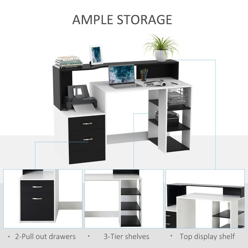 Modern Computer Desk with Drawers and Storage Shelves, Study Workstation, Writing Desk with Printer Stand for Home Office, Black and White