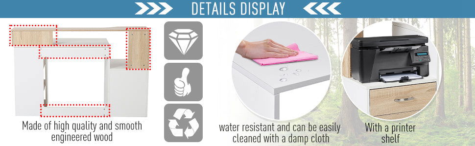 Modern Computer Workstation Desk with Drawers and Storage Shelves, Printer Stand for Home Office, Oak and White