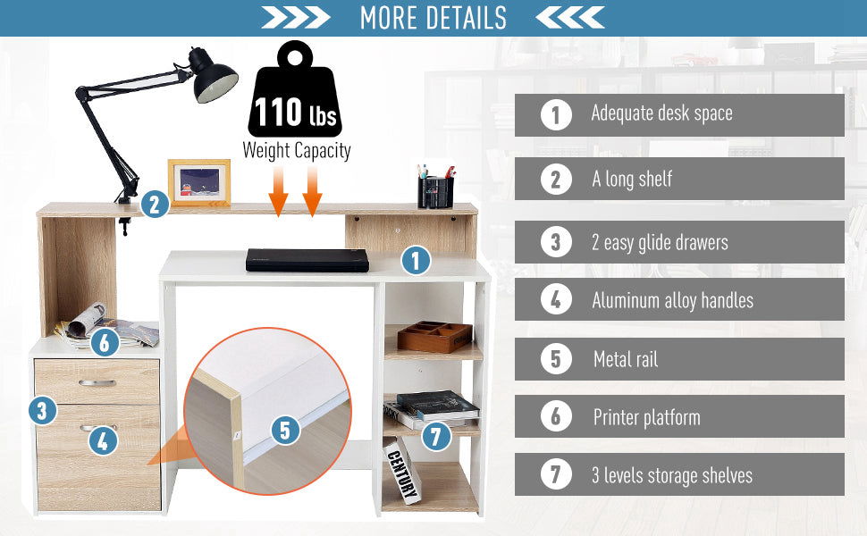 Modern Computer Workstation Desk with Drawers and Storage Shelves, Printer Stand for Home Office, Oak and White