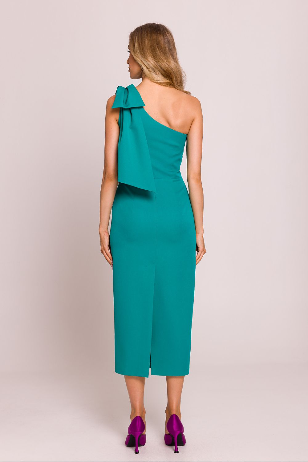 Moe Clara Asymmetrical One-Shoulder Pencil Midi Dress with Bow Accent
