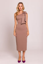 Moe Clara Asymmetrical One-Shoulder Pencil Midi Dress with Bow Accent brown