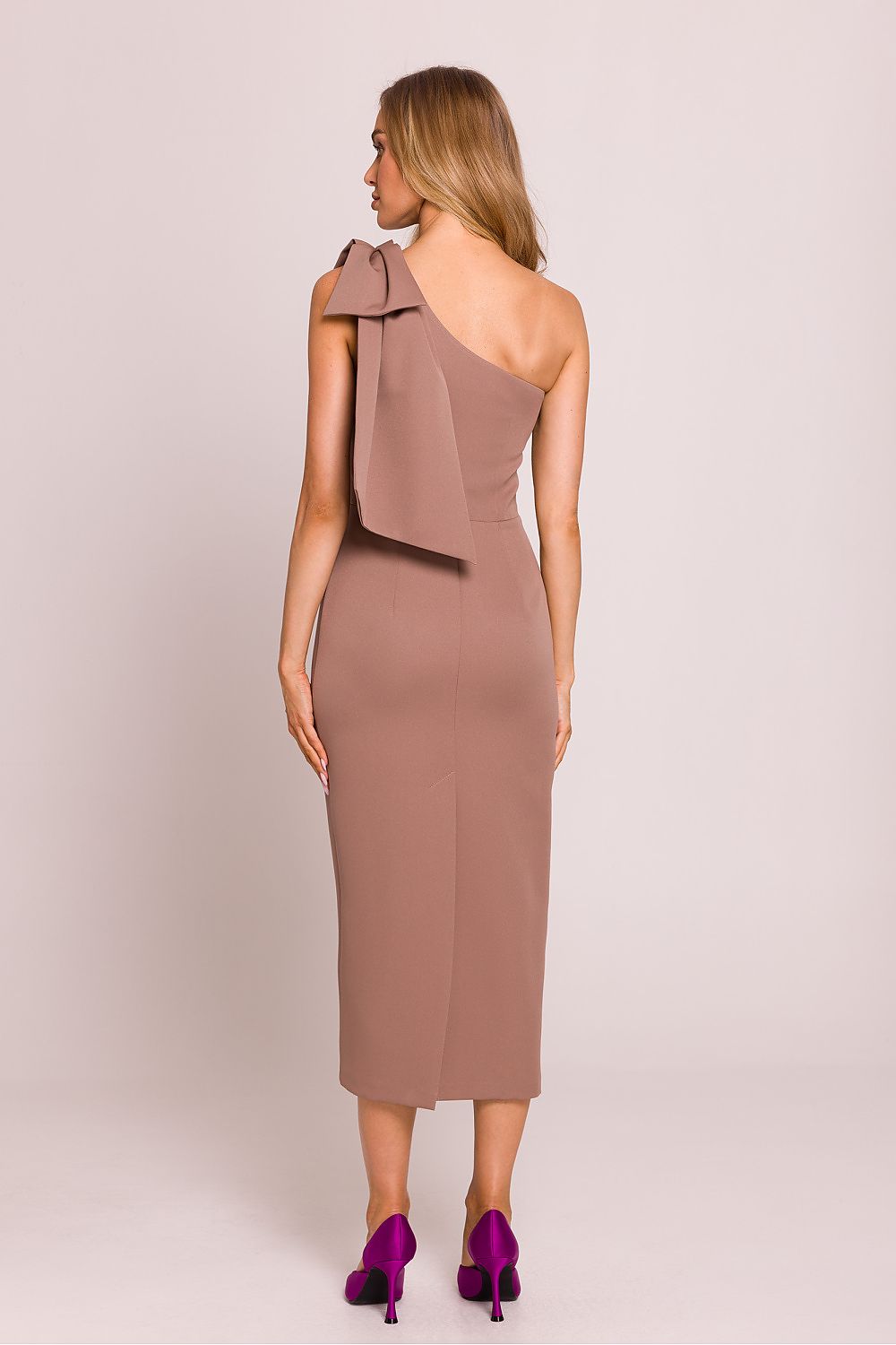 Moe Clara Asymmetrical One-Shoulder Pencil Midi Dress with Bow Accent