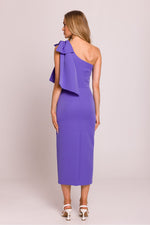 Moe Clara Asymmetrical One-Shoulder Pencil Midi Dress with Bow Accent