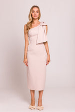 Moe Clara Asymmetrical One-Shoulder Pencil Midi Dress with Bow Accent beige