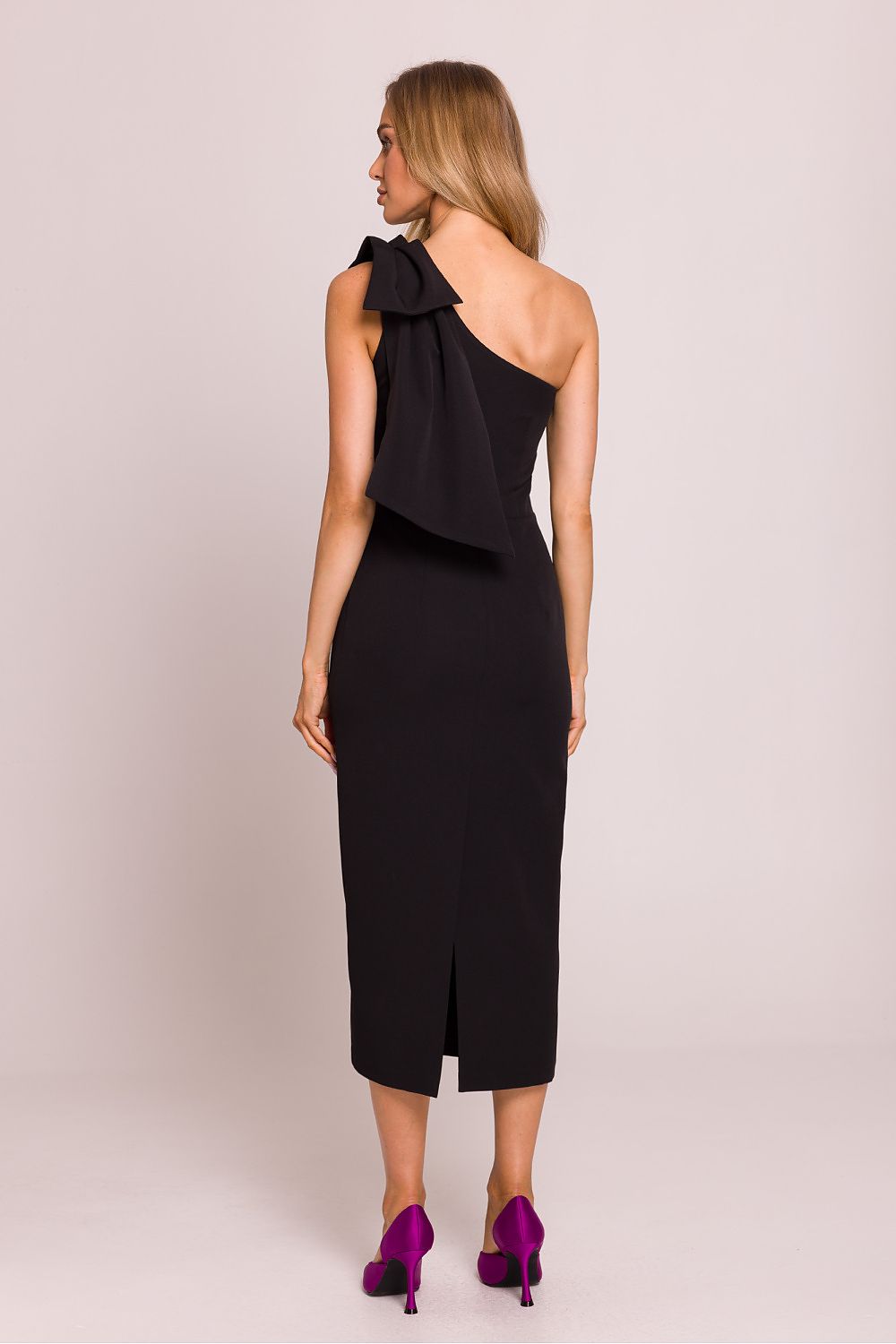 Moe Clara Asymmetrical One-Shoulder Pencil Midi Dress with Bow Accent